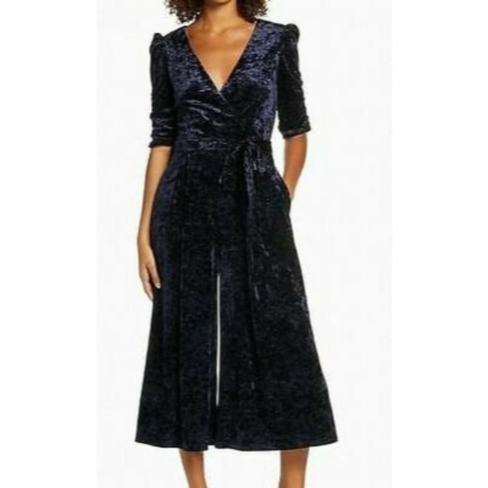 Chelsea28 Velvet Sparkle Crop Jumpsuit Size 2 Half Sleeves Wide Leg Blue EUC B79